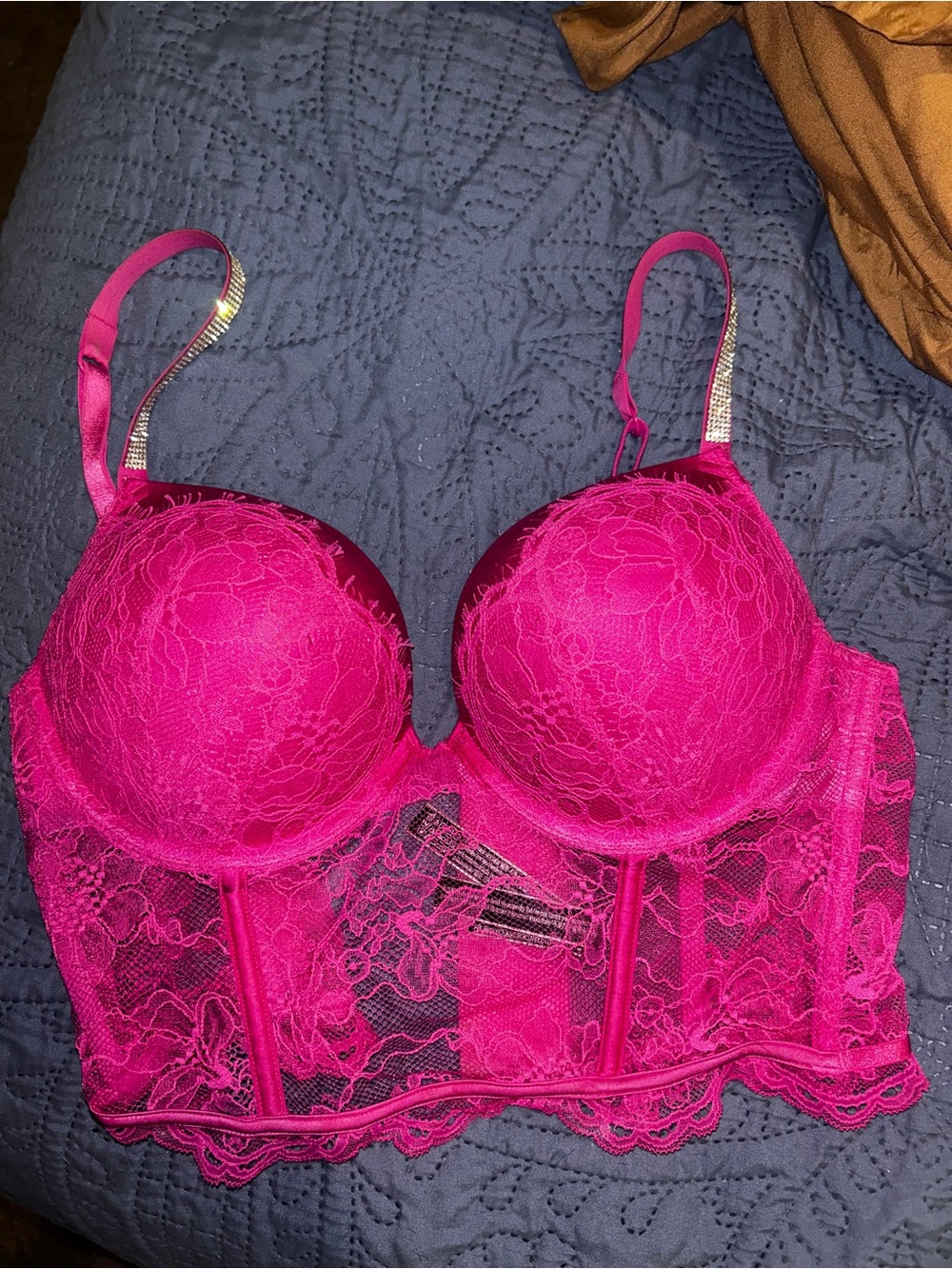 Victoria's Secret push-up Hot Pink Lace L Bustier Bra with Rhinestone Straps - Picture 2 of 3